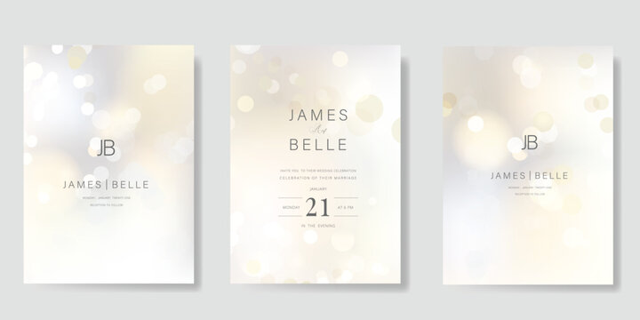 Luxury invitation card design vector set. Elegant wedding card with bokeh, bubble on light background. Design illustration for cover, poster, gala.
