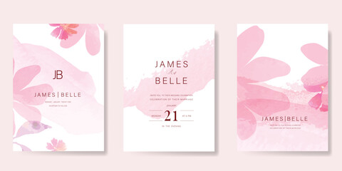 Elegant wedding invitation card background vector. Minimal hand painted pink watercolor botanical flowers texture. Design illustration for wedding, vip cover, poster, rsvp modern card.