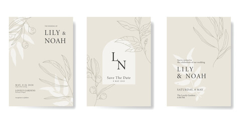 Elegant wedding invitation card background vector. Minimal hand drawn flower line art template background. Design illustration for wedding, vip cover, poster, rsvp modern card.