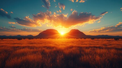 Fototapeta premium Sunset over savanna, twin peaks, golden hour