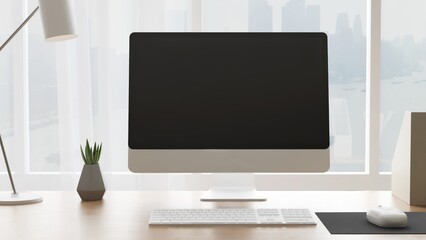 Fototapeta premium Modern wooden desk with computer, keyboard, mouse, lamp in sunlight from window wall for luxury home office working, technology, lifestyle product background 3D