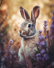 Fototapeta premium A cute bunny sitting in a field of wildflowers, vibrant colors, soft natural light, detailed fur texture