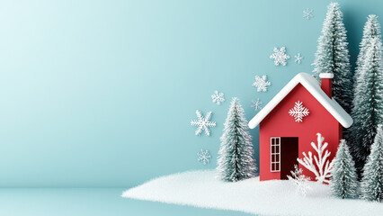 Naklejka premium Snowy winter scene with a red house and white snowflakes against a blue background