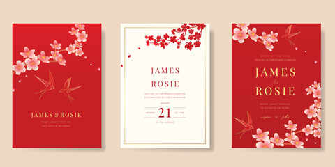 Naklejka premium Red Chinese wedding card vector set. Luxury invitation card design with cherry blossom flower, crane bird, frame. Illustration for vip cover, poster, rsvp modern card, Chinese New Year.