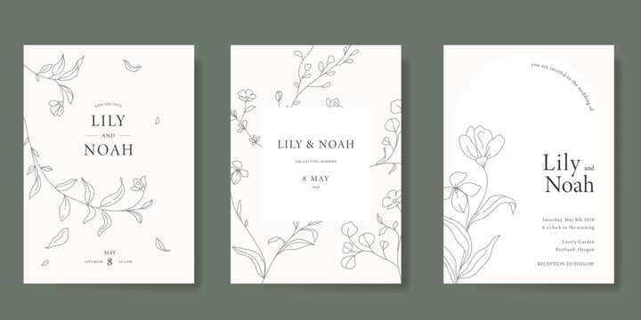 Elegant wedding invitation card background vector. Minimal hand drawn flower line art template background. Design illustration for wedding, vip cover, poster, rsvp modern card.