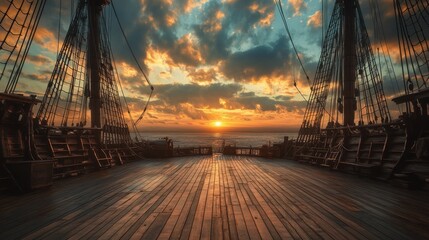 Wooden ship deck at sunset, ocean view. Perfect for adventure, travel, and nautical themes, evokes feelings of freedom and exploration.