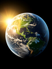 Fototapeta premium A captivating view of Earth from space, showcasing continents and oceans illuminated by a bright sun.