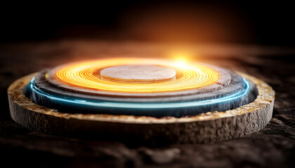 Obraz premium A glowing circular object surrounded by vibrant light, set against a dark background, creating a captivating, futuristic effect.