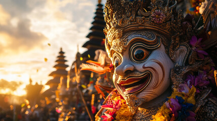 Colorful cultural celebration with traditional statue at sunset in Bali, Indonesia