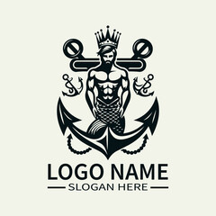 Mermaid King with Anchor Logo Design, Underwater King Logo