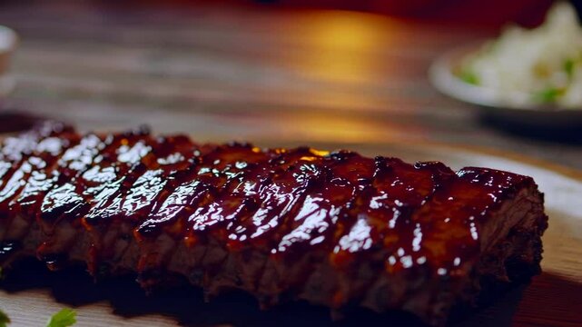 American barbecue ribs served on a wooden platter with a rich glaze

