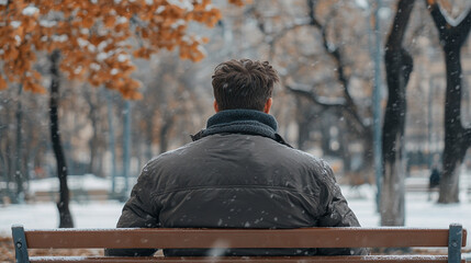 Fototapeta premium Man sitting on a bench enjoying a snowy day in a park surrounded by autumn leaves