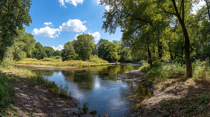 Beautiful river landscape under a clear blue sky with lush greenery in the afternoon
