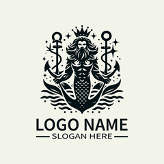 Mermaid King with Anchor Logo Design, Underwater King Logo