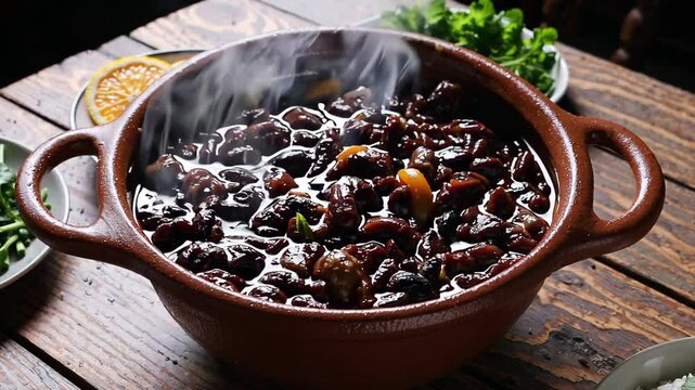 Brazilian feijoada in a steaming clay pot with traditional sides

