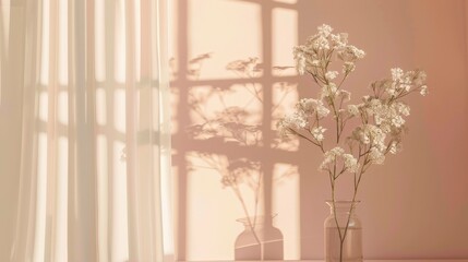 Soft Light and Delicate Flowers in a Minimalistic Room with Gentle Shadows Highlighting the Serenity of a Calm Interior Space