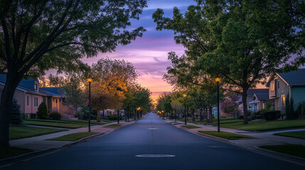 Quiet suburban street at dusk with colorful sky and streetlights illuminating pathway
