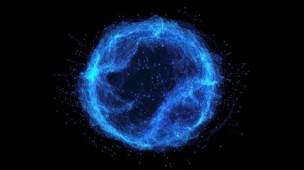 Abstract blue sci-fi glitch sphere with particles and lines. Technology network connection on world. Futuristic vector illustration. Global digital connections ai. 3D wireframe geometric sphere.