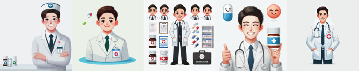 set of vector pharmacist characters in full uniform