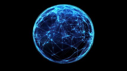 Abstract blue sci-fi glitch sphere with particles and lines. Technology network connection on world. Futuristic vector illustration. Global digital connections ai. 3D wireframe geometric sphere.
