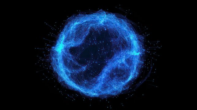Abstract blue sci-fi glitch sphere with particles and lines. Technology network connection on world. Futuristic vector illustration. Global digital connections ai. 3D wireframe geometric sphere.