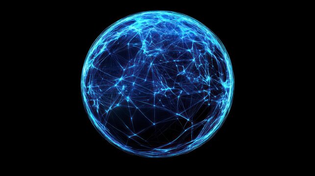Abstract blue sci-fi glitch sphere with particles and lines. Technology network connection on world. Futuristic vector illustration. Global digital connections ai. 3D wireframe geometric sphere.
