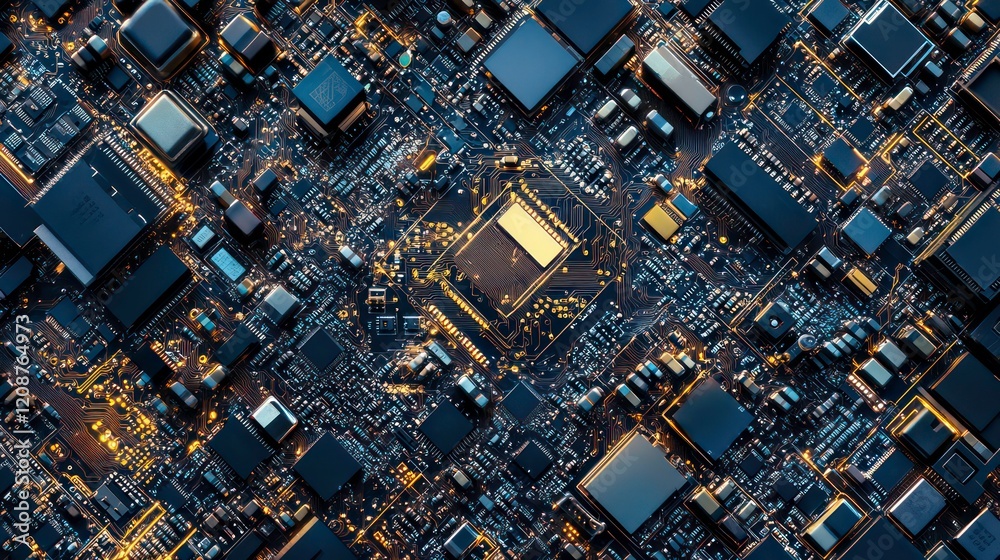 Poster abstract circuitry technology of electronic computer hardware on a background of circuit board