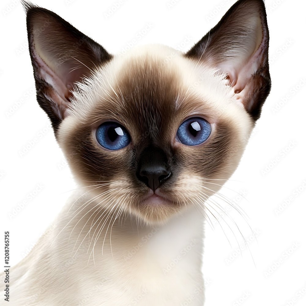 Poster Adorable Siamese kitten with striking blue eyes, isolated on white background.