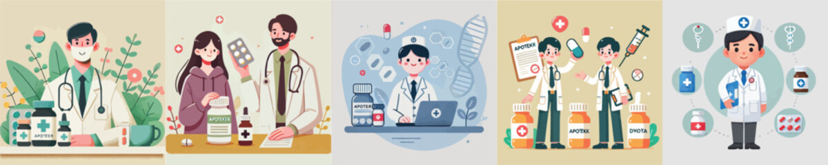 set of vector pharmacist characters in full uniform