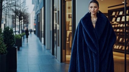 Naklejka premium Elegant Woman in Luxurious Blue Fur Coat Walking in Modern Urban Street