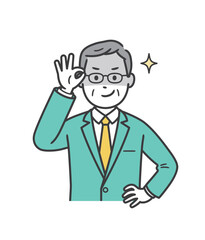 眼鏡を上げて悪巧みしてニヤける高齢男性ビジネスマン