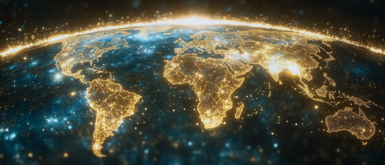 Global Network Illuminated: A mesmerizing digital rendering of planet Earth at night, with glowing lines tracing connections across continents.