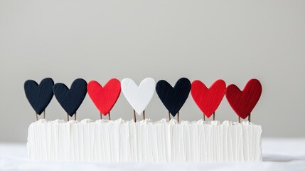 Valentine's cake toppers with heart designs bakery display sweet treats clean environment close-up festive concept