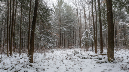 Naklejka premium Forest covered in snow creating a serene winter landscape with tall trees and light snowfall