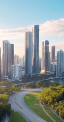 Obraz premium Sunrise cityscape, park, highway, urban development, aerial view, website banner