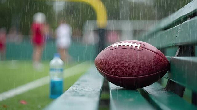 American football on bench during rainy day at sports field