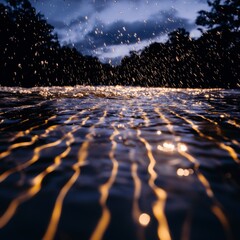 Fototapeta premium Golden Water Reflections Rain Drops on Still Lake at Dusk