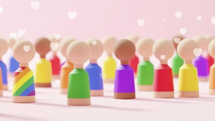 Pride month LGBTQ+ concept design of wooden people wearing rainbow t-shirts on pink background with hearts 3D render - Powered by Adobe