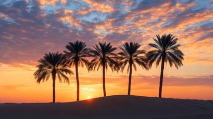 Five Palm Trees Silhouetted Against A Vibrant Desert Sunset