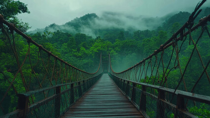 Obraz premium Suspension bridge over lush green forest leading to misty mountains