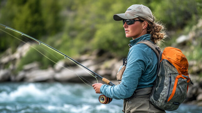 Woman fly fishing by a river in nature with a beautiful backdrop on a sunny day - Powered by Adobe