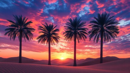 Desert Sunset Silhouette Four Palm Trees Sandscape