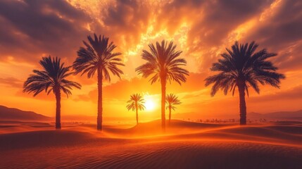 Desert Sunset Palm Trees Silhouette Scenic Vista