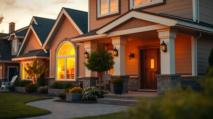 Captivating Sunset View of a Luxurious Suburban Home. Discover the beauty of modern architecture and serene landscapes. Ideal for real estate listings and home design inspiration.