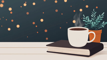 Cozy coffee cup on book with warm lights and plant
