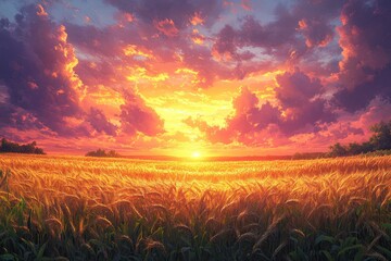 Golden wheat field sunset fiery sky.