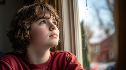 Boy gazes thoughtfully out of the window on a rainy day in a cozy room