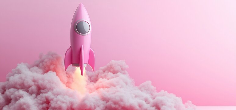 Pink rocket launching, pastel clouds, growth (1)