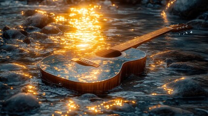 Sunset river guitar, shimmering water, rocks, peaceful scene, album art