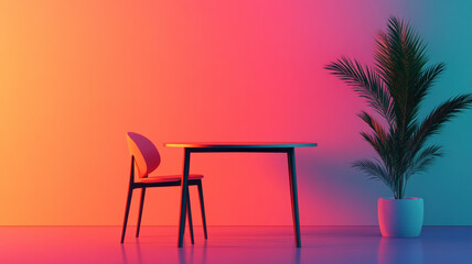 minimalist dining setup with chair and table against colorful wall
